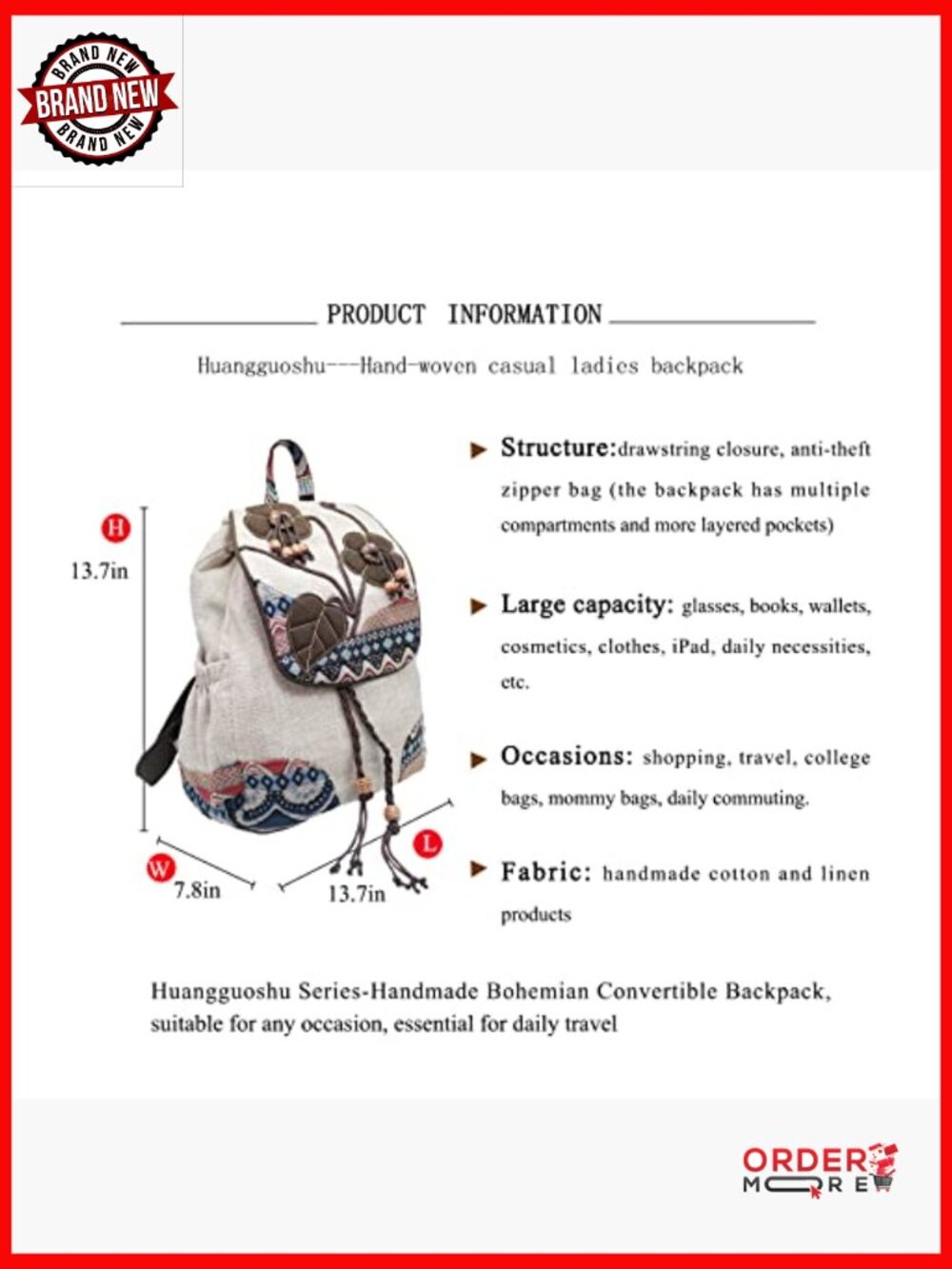 Vintage Bohemian Drawstring Canvas Backpack Purse Women's Hand-Embroidered - Picture 5 of 7